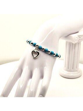 Turquoise Heart Bracelet, Blue Beaded Bracelet for Women, Heart Charm Bracelet,